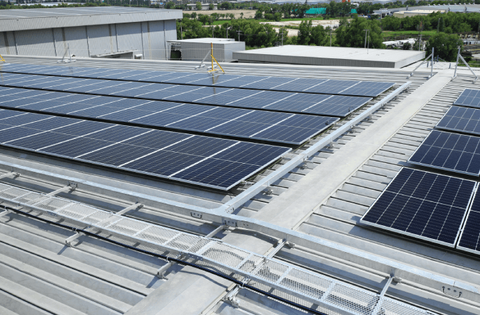 Solar panels installed on the roof of a Warehouse