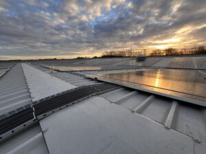 Rooftop solar panels on the 257 kWp industrial roof at Integra Buildings, Paull, East Yorkshire