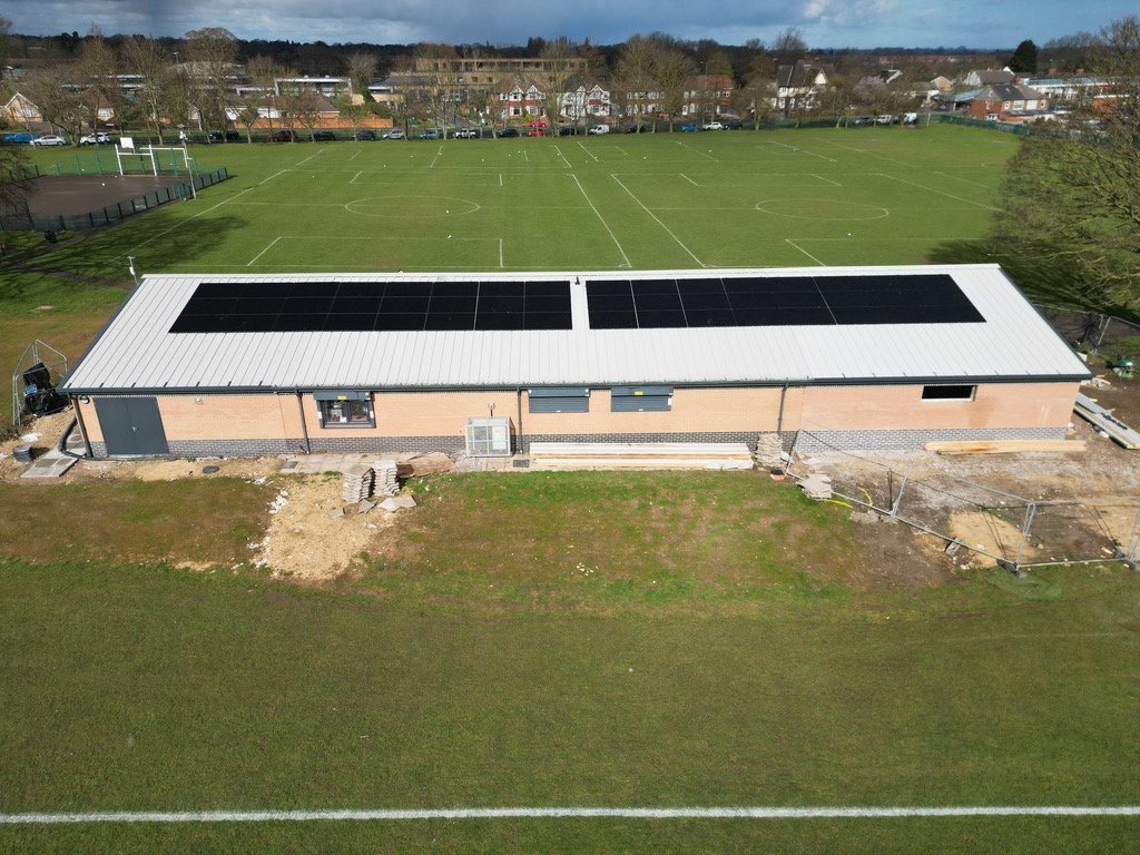 Aerial view of the 21.6 kWp solar array on Hessle Sporting Club's roof