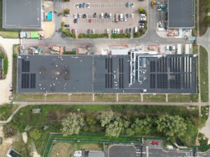 Overhead drone view of solar across an industrial unit roof, Peterborough
