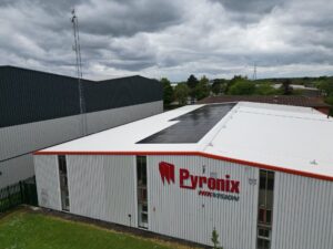 Pyronix Ltd building in Rotherham with a rooftop solar array on its south-facing insulated roof