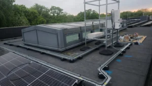 DC cable tray running across a University of Kent flat roof to rooftop SolarEdge inverters, with solar panels in the foreground